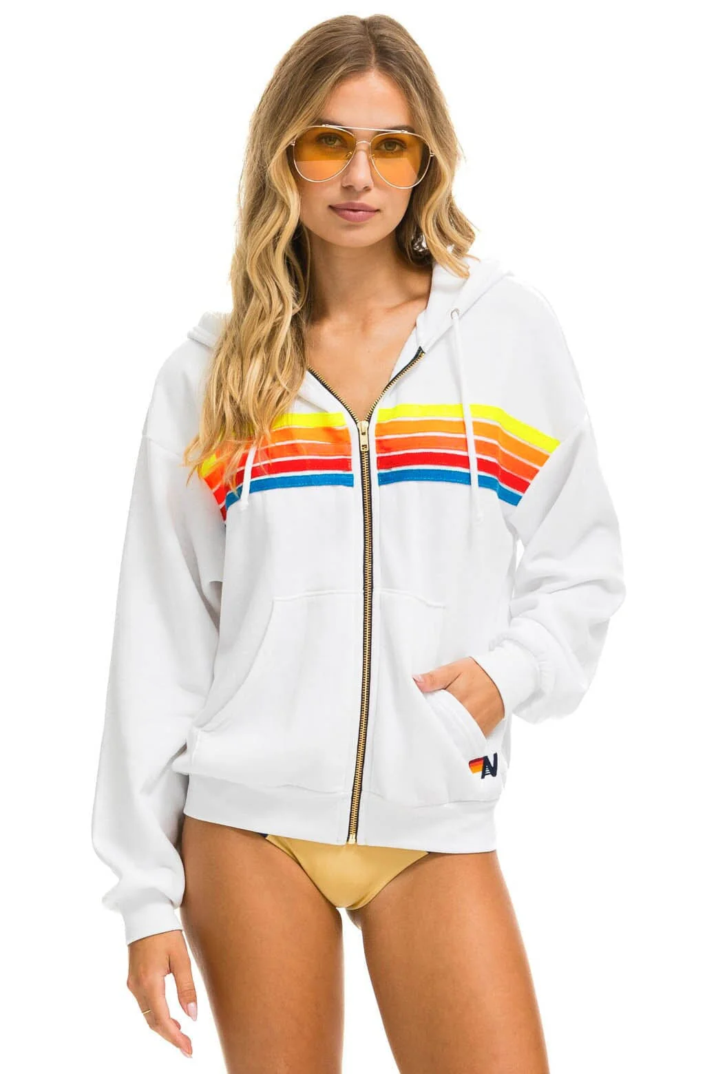 5 STRIPE RELAXED ZIP HOODIE - WHITE // NEON RAINBOW - Image 4