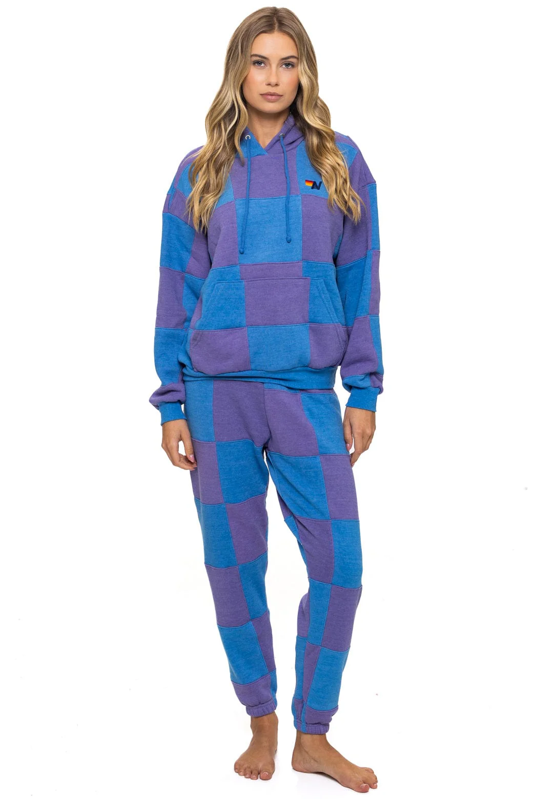 CHECK QUILT RELAXED PULLOVER HOODIE - LAVENDER // OCEAN - Image 3