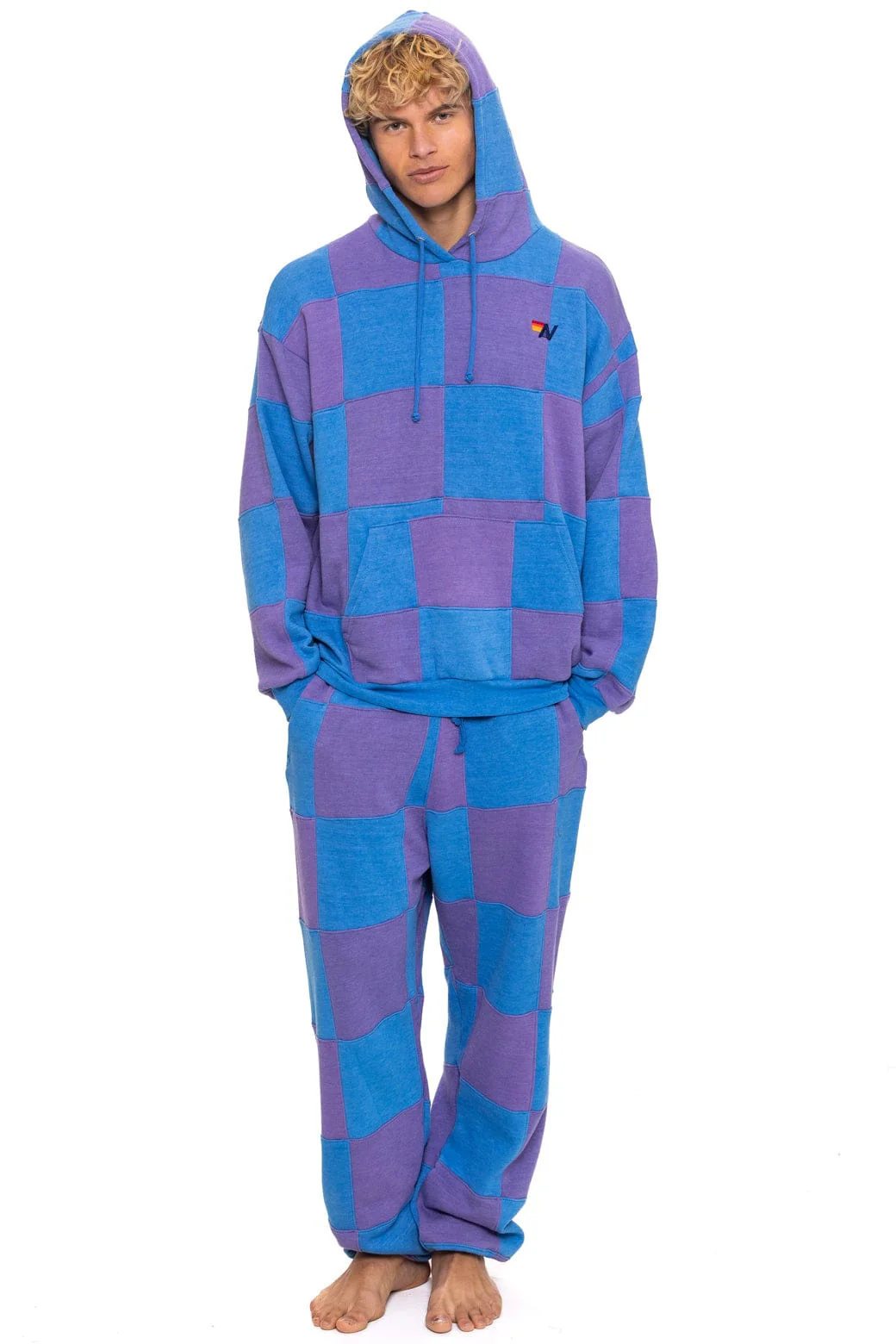 CHECK QUILT RELAXED PULLOVER HOODIE - LAVENDER // OCEAN - Image 4