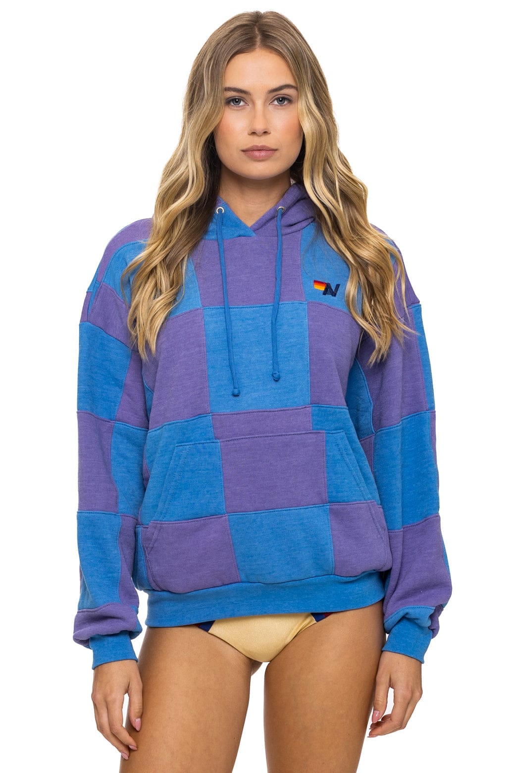CHECK QUILT RELAXED PULLOVER HOODIE - LAVENDER // OCEAN - Image 5