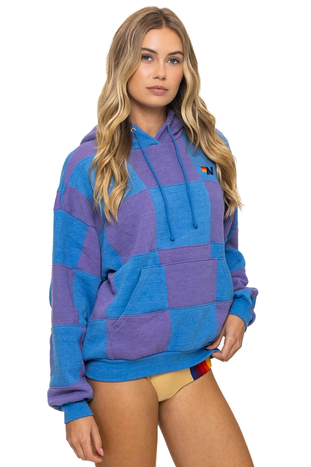 CHECK QUILT RELAXED PULLOVER HOODIE - LAVENDER // OCEAN - Image 7