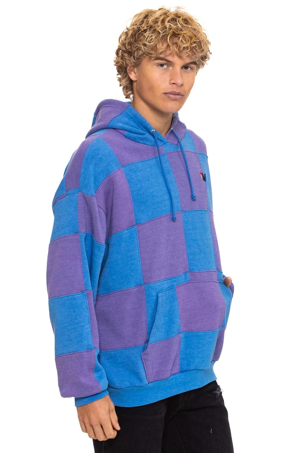 CHECK QUILT RELAXED PULLOVER HOODIE - LAVENDER // OCEAN - Image 9