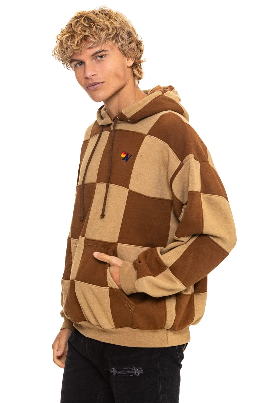 CHECK QUILT RELAXED PULLOVER HOODIE - TAN // CINNAMON - Image 7