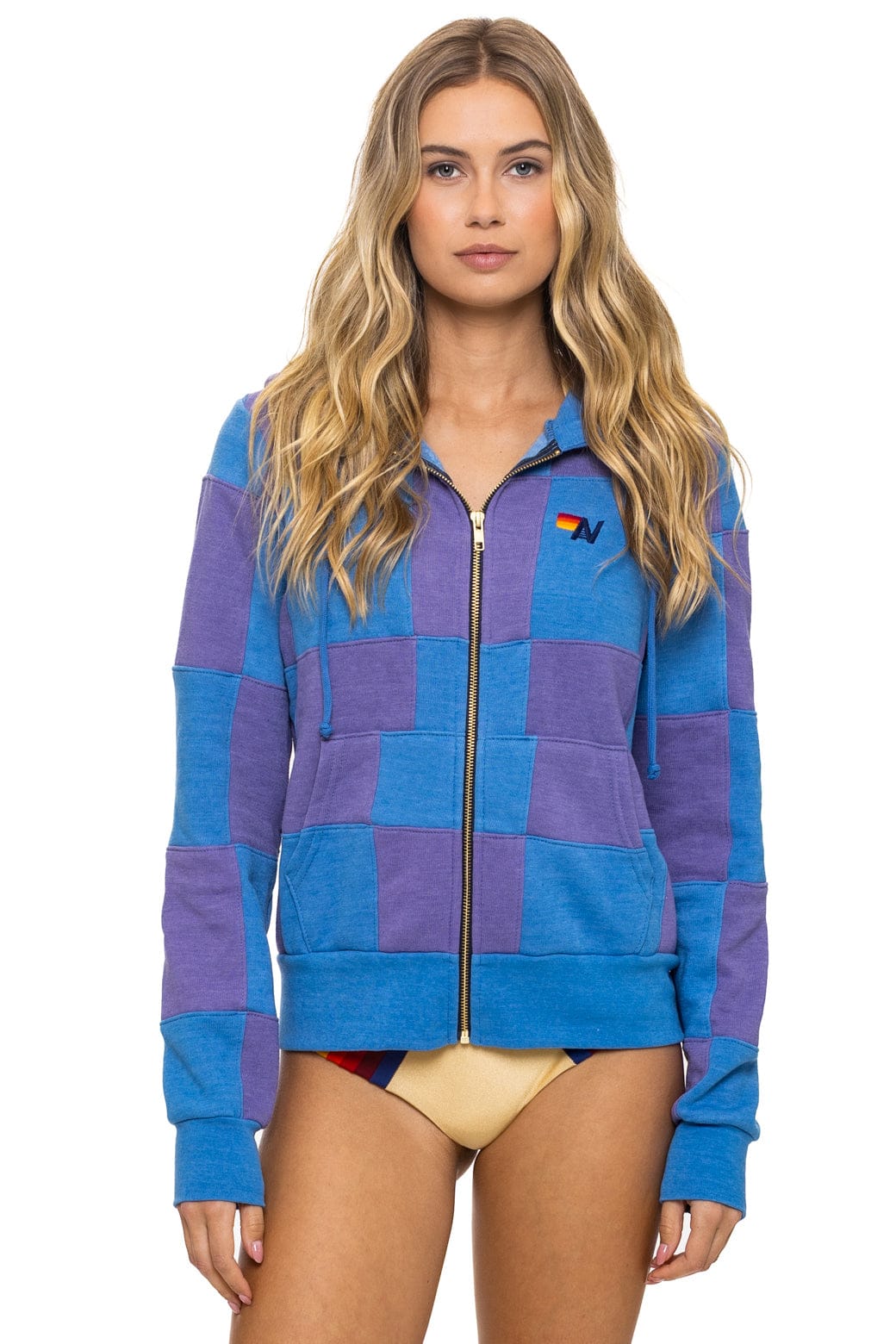 CHECK QUILT ZIP HOODIE - LAVENDER // OCEAN - Image 3