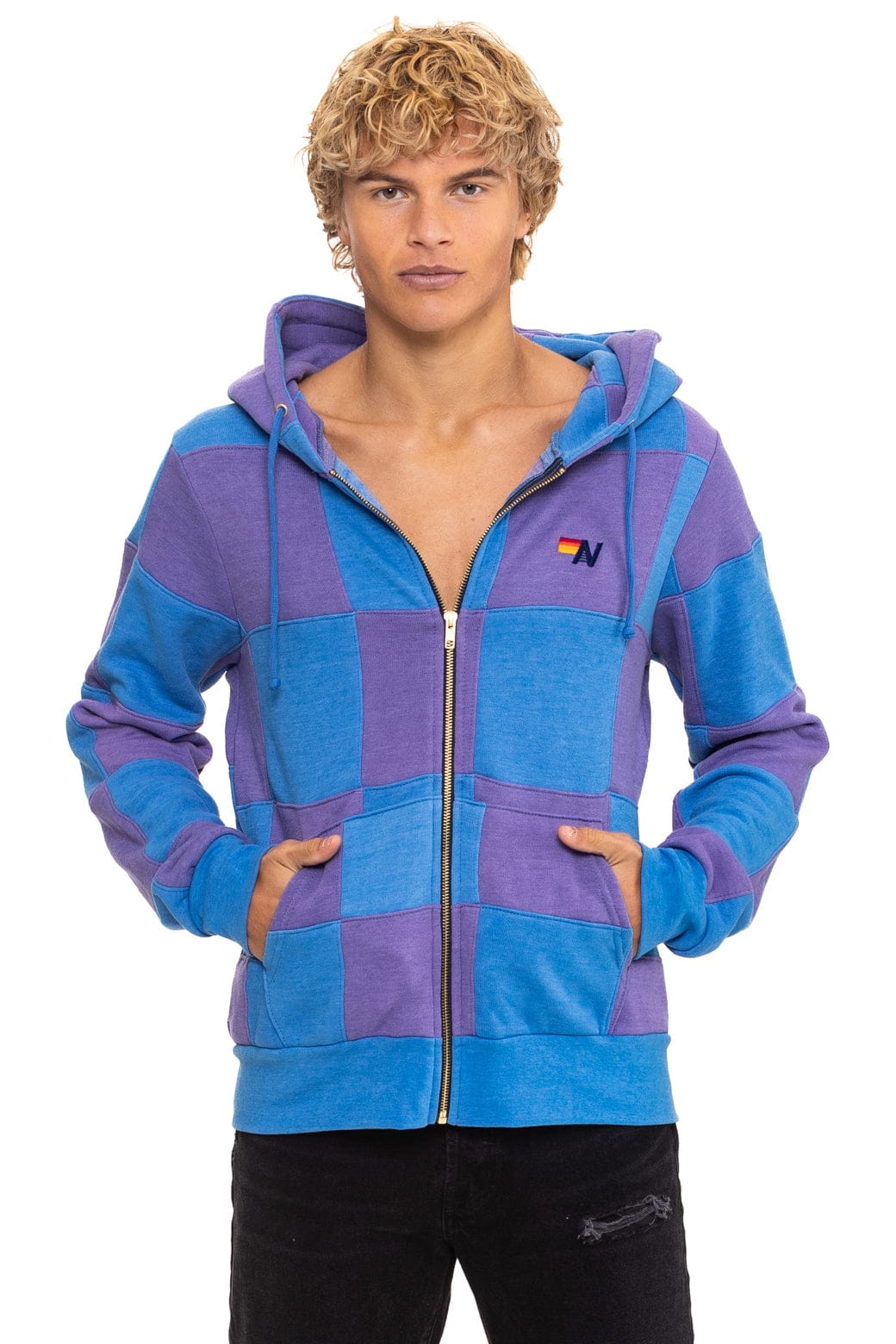CHECK QUILT ZIP HOODIE - LAVENDER // OCEAN - Image 4