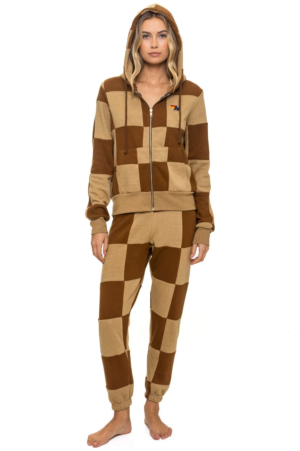 CHECK QUILT ZIP HOODIE - TAN // CINNAMON - Image 3