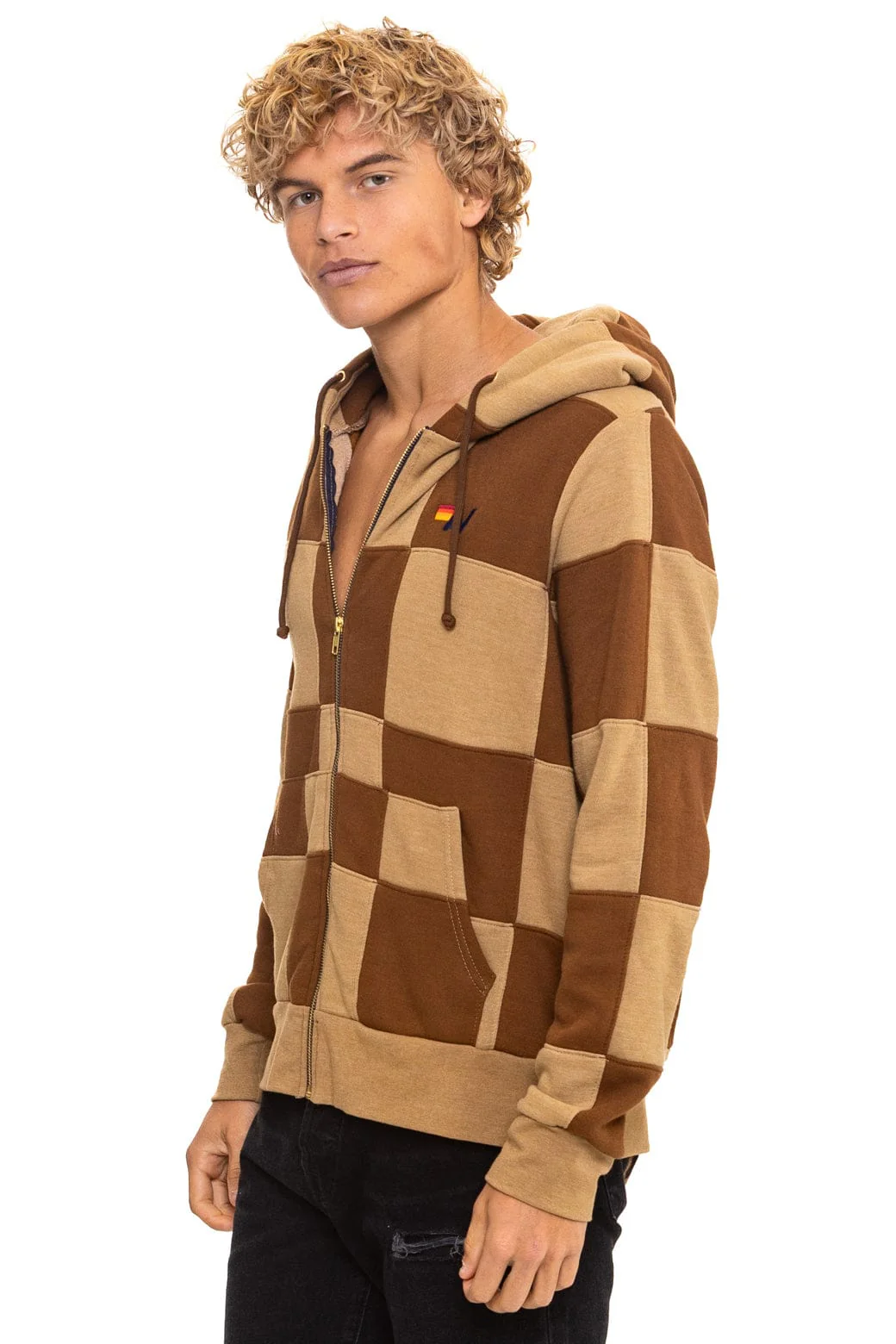 CHECK QUILT ZIP HOODIE - TAN // CINNAMON - Image 6