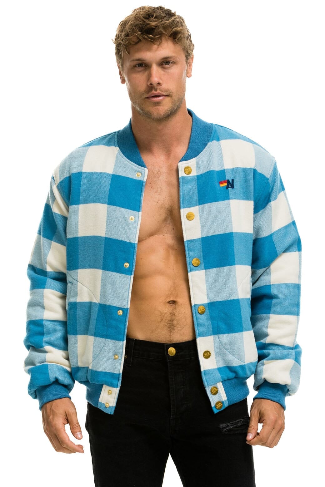 PLAID UNISEX VARSITY JACKET - SKY PLAID - Image 8